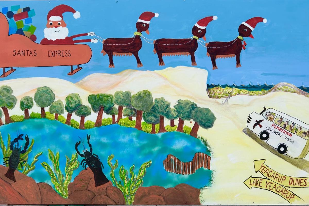 Colourful artwork of Santa and his reindeers