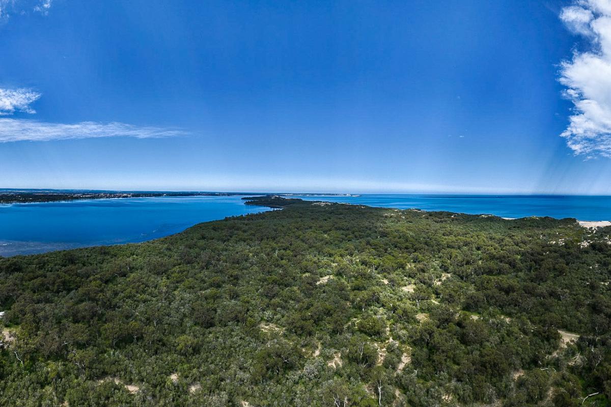 View over bushland to and large body of water. 
