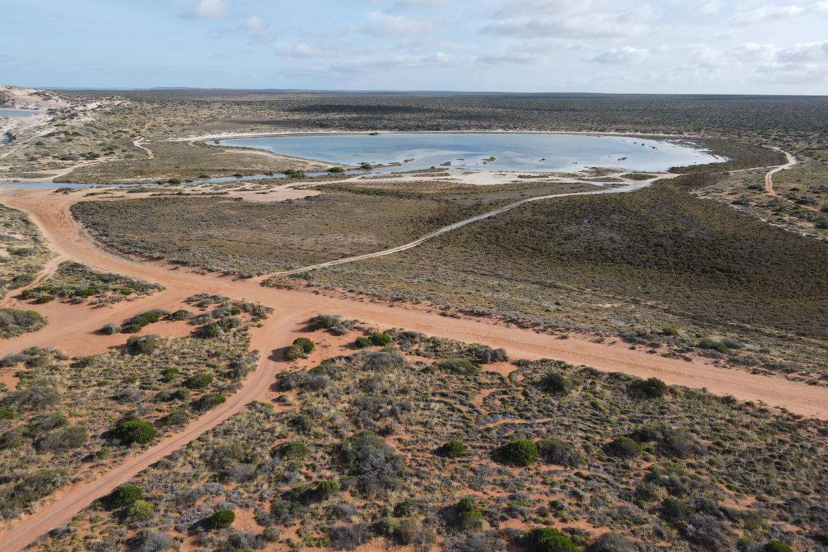 Aerial view of sandy campsite and tracks by the beach. 