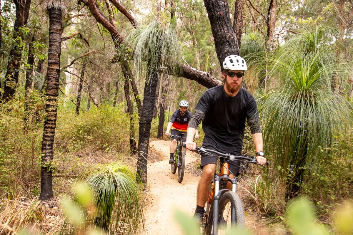 Two people riding on a trail in the forest. 