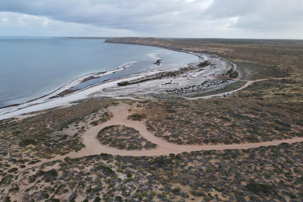 Aerial view of sandy tracks and a campsite near the beach. 