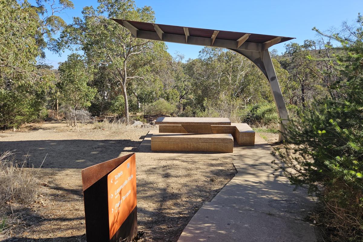 Lesmurdie Falls Shelter and picnic tables.