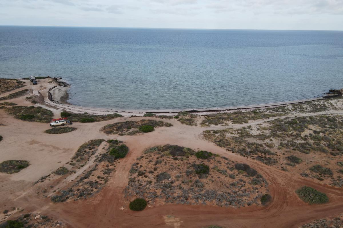 Aerial view of sandy tracks and campsites near the beach. 