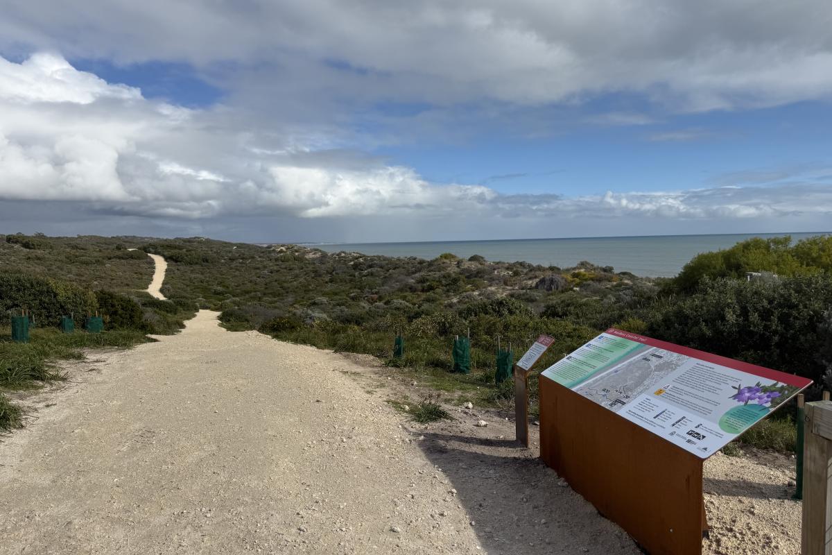 Maidens Reserve Sandy trail with coastal views and signage.