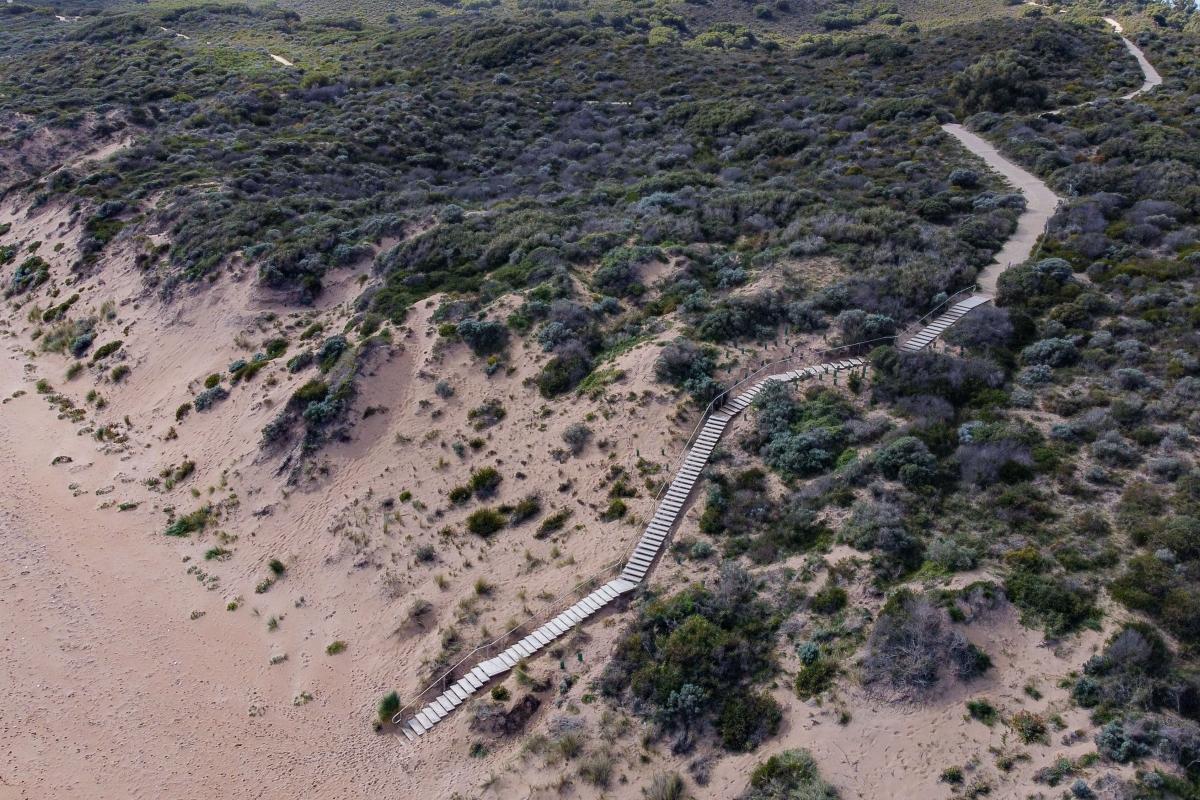 Maidens Reserve Aerial view of staircase down to a beach.