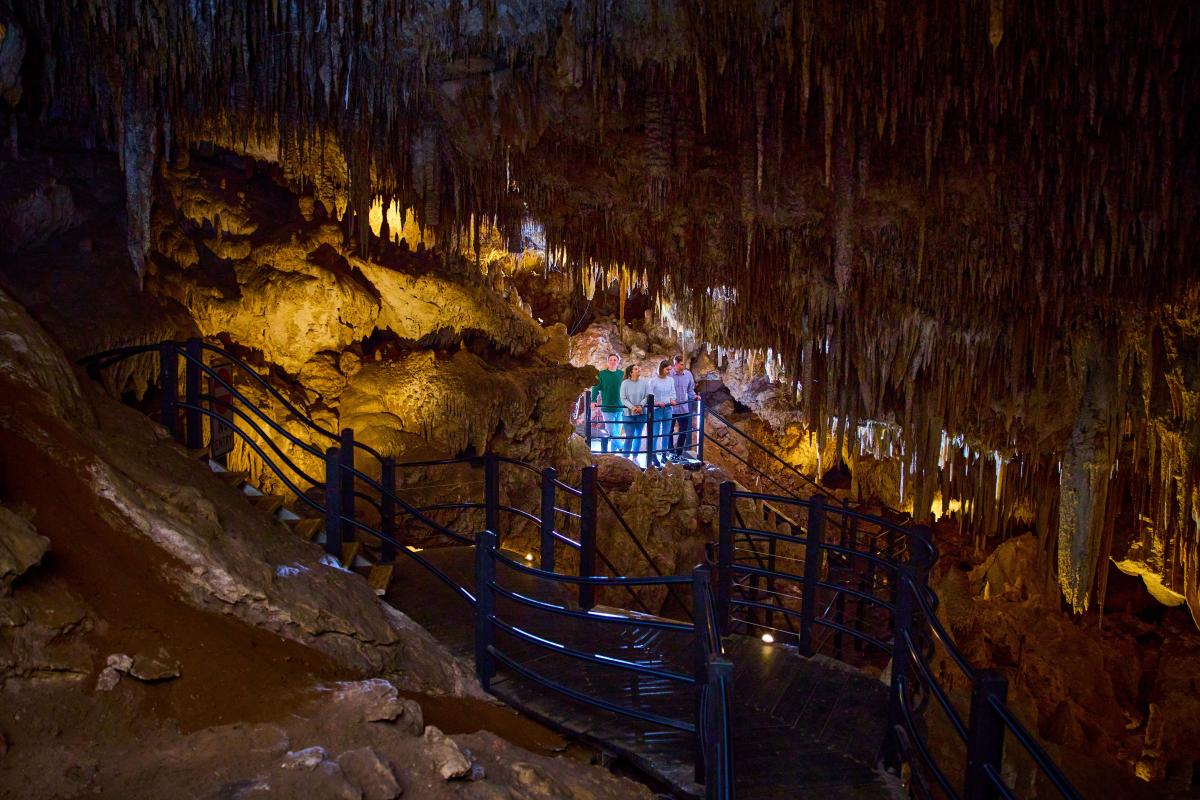 Group standing on platform inside Ngilgi Cave. 