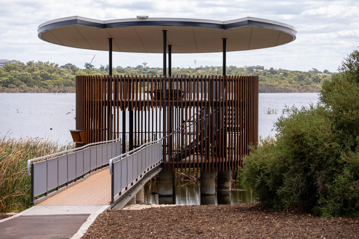 Bird watching tower at a lake. 
