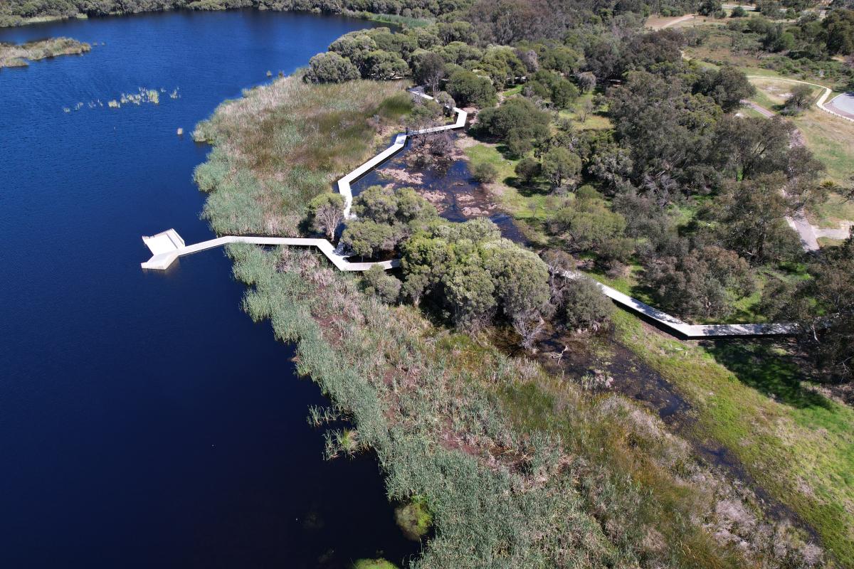 Aerial view of boardwalk over the lake. 