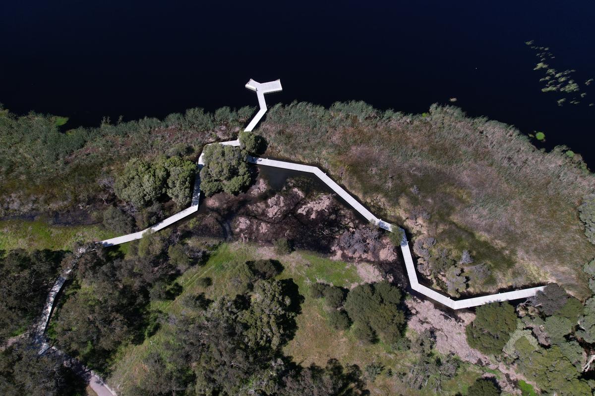Aerial view of paths leading to the boardwalk over the lake. 