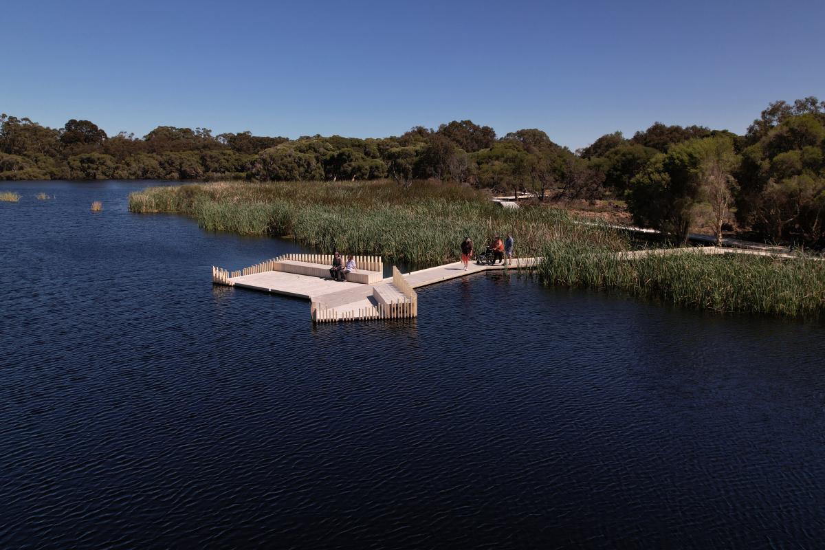 Aerial view of the boardwalk over the lake. 