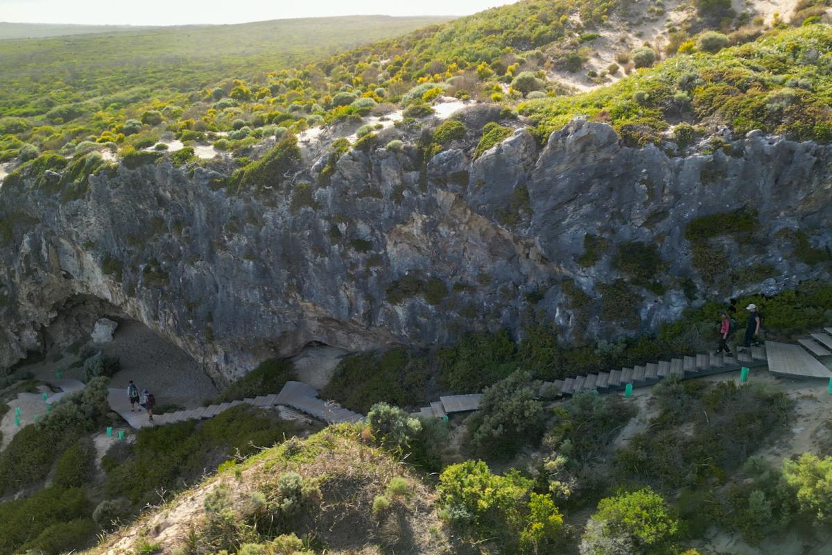 Aerial view of people walking down a long staircase down a hill. 