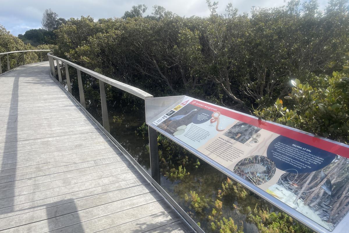 Boardwalk with fencing and signs. 