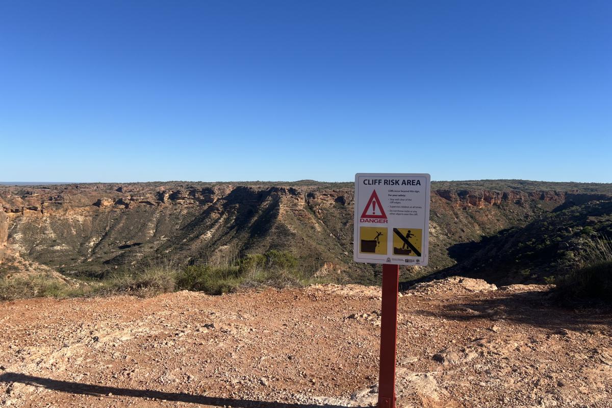 Small sign on a pole near a large canyon. 